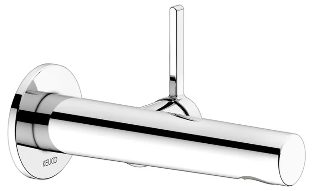 Chromfarbener Wandmischer von Keuco mit runder Montageplatte und einem schmalen Hebel zur Wasserregulierung. Minimalistisches Design ohne sichtbare Ventile.